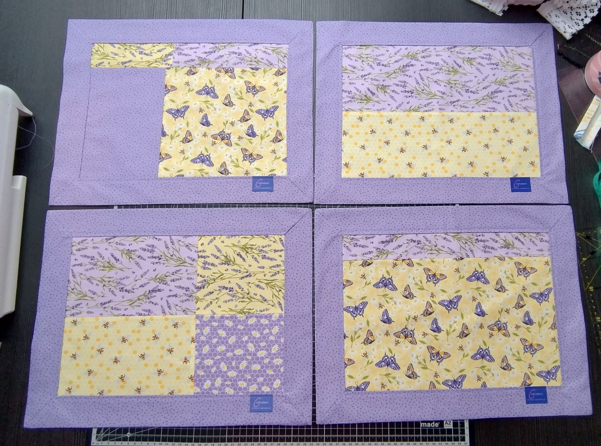 Platzgedecke 4er Set Patchwork „Lavendeltraum & Bienenfleiß“