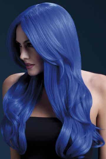 Luxe pruik Khloe met Neon Blauw Fever