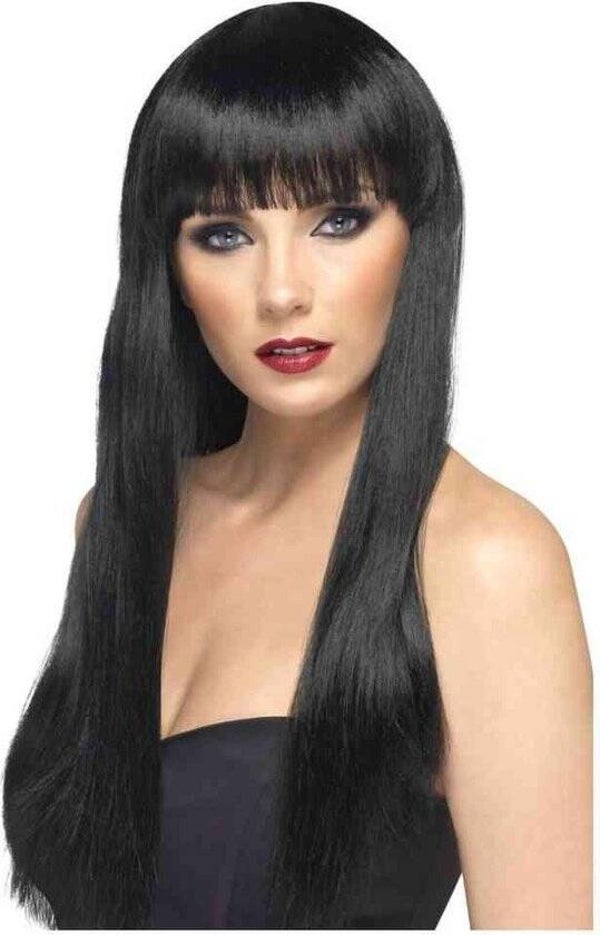 Lange zwarte damespruik de luxe