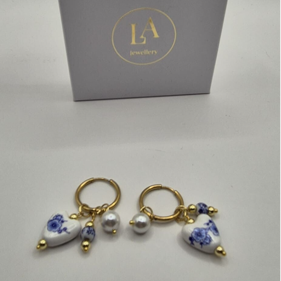 Delfs blauwe oorbellen - 3 bedels