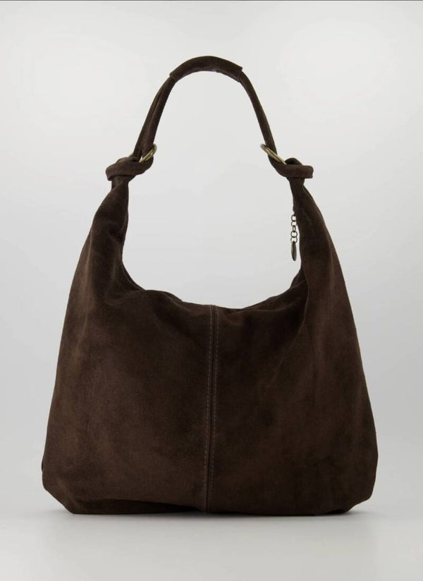 Suède schoudertas - donker bruin