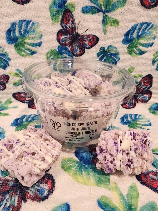 Freeze dried rice crispy treats with white choc drizzle