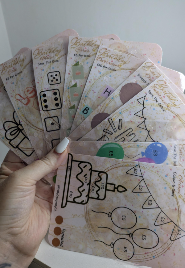 Birthday savings trackers with optional binder