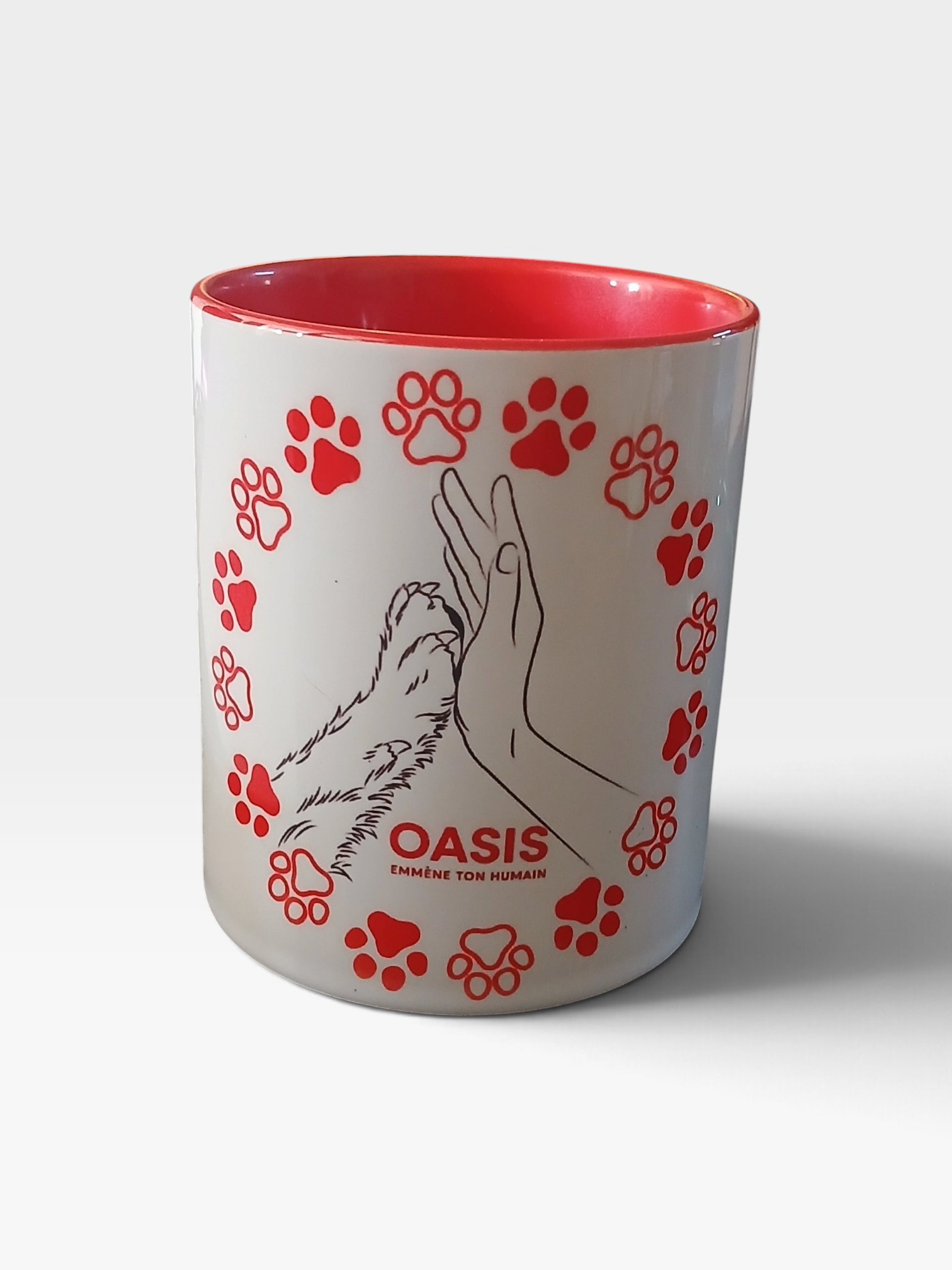 Tasse anse cœur et intérieur rouge - main + patte