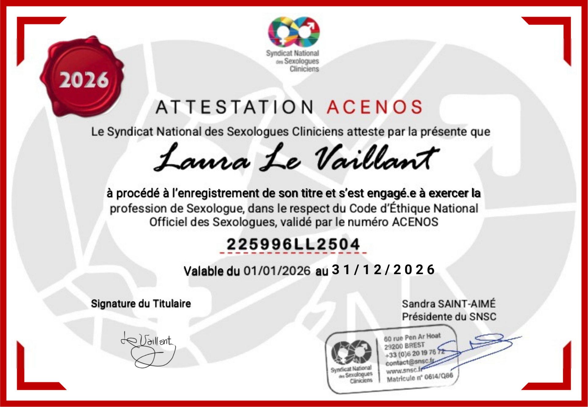 Attestation ACENOS délivrée par le Syndicat National des Sexologues Cliniciens