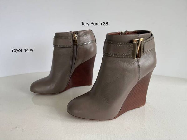 14W) Tory Burch 8M 38 donkergrijs taupe leren enkellaarzen