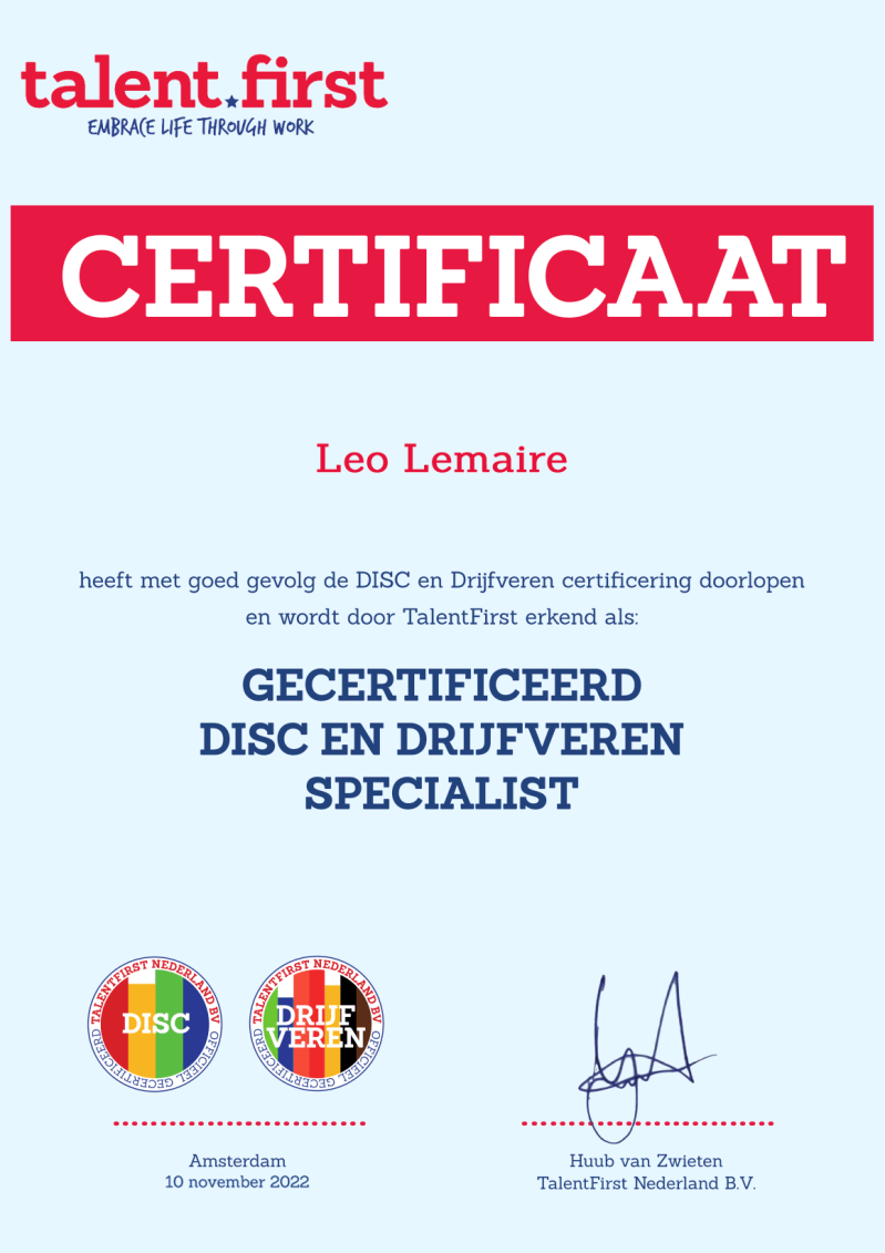 certificaat Disc- en drijfverenspecialist