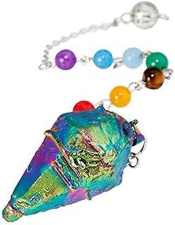 mookaitedecor Rainbow Crystal Pendulum - Titanium Coated Semi Precious Stone Point Dowsing Tool for Chakra Healing, Meditation & Divination