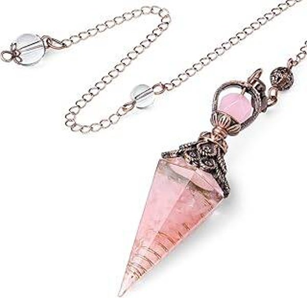 Rose Quartz Crystal Pendulum for Divination & Ghost Hunting | Faceted Reiki Healing Crystal Point Gemstone Dowsing Tool for Meditation, Wicca Altar Supplies & Witchcraft Rituals