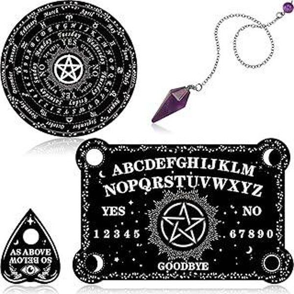 Threan Wooden Star Pendulum Board Set with Amethyst Crystal Necklace & Planchette - Metaphysical Message Board for Halloween Altar Supplies