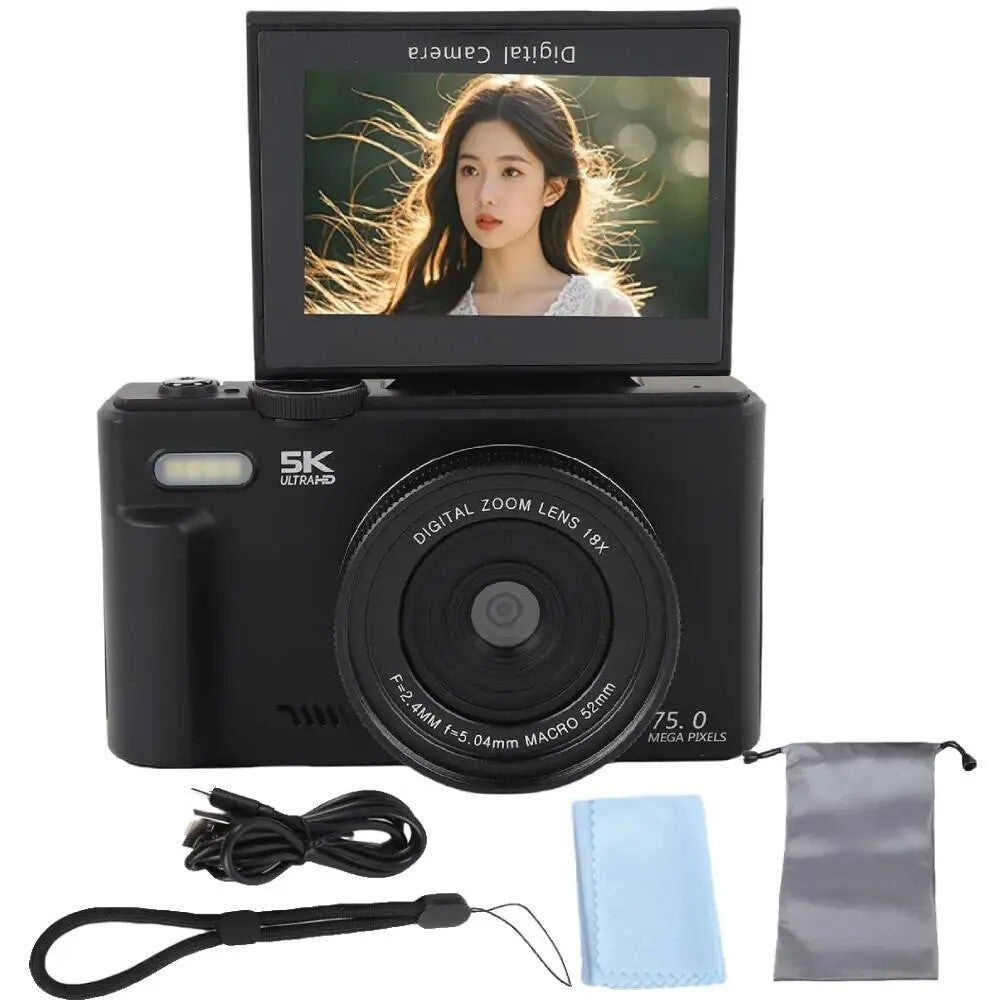 75MP 5K WiFi Digital Camera with 18X Zoom & 180° Flip Screen – Vintage Vlogging Camera for YouTube, Selfies, Photography & Video Recording