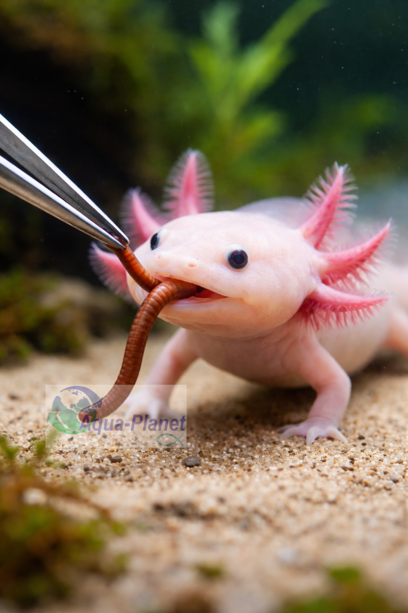 Grappige cartoon illustratie van een roze Leucistic Axolotl die vrolijk een worm eet. 🐛🩷🎨