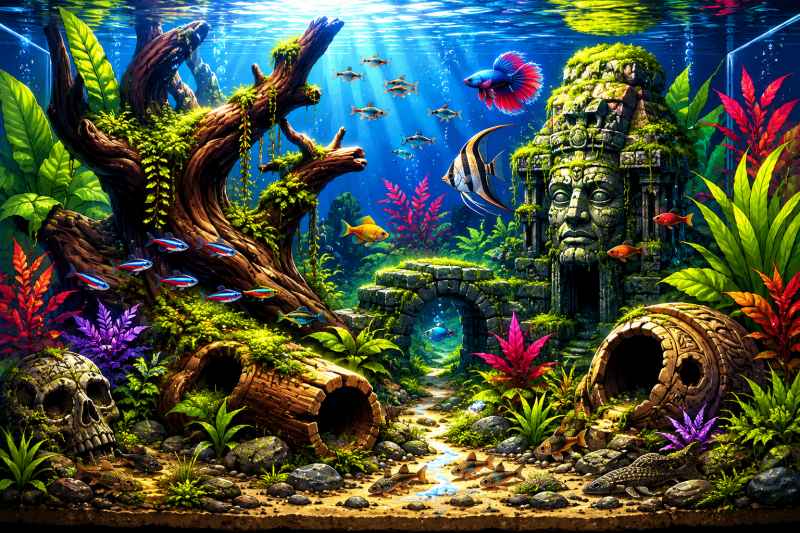 Kleurrijke cartoon van een prachtig ingericht aquarium met natuurlijke decoratie, aquariumplanten, stenen, hout en tropische siervissen.