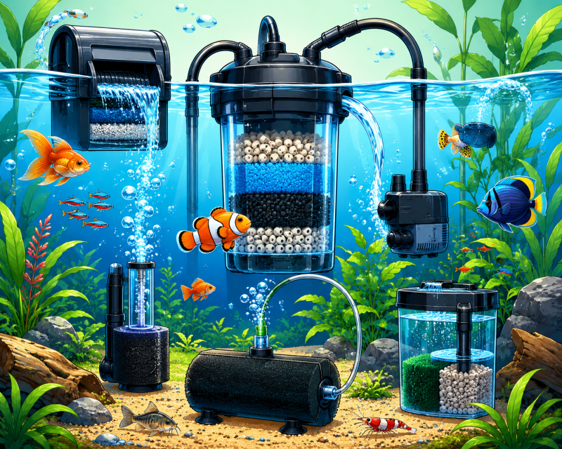 Cartoon van aquariumfilters met vissen, planten en verschillende filtersystemen.