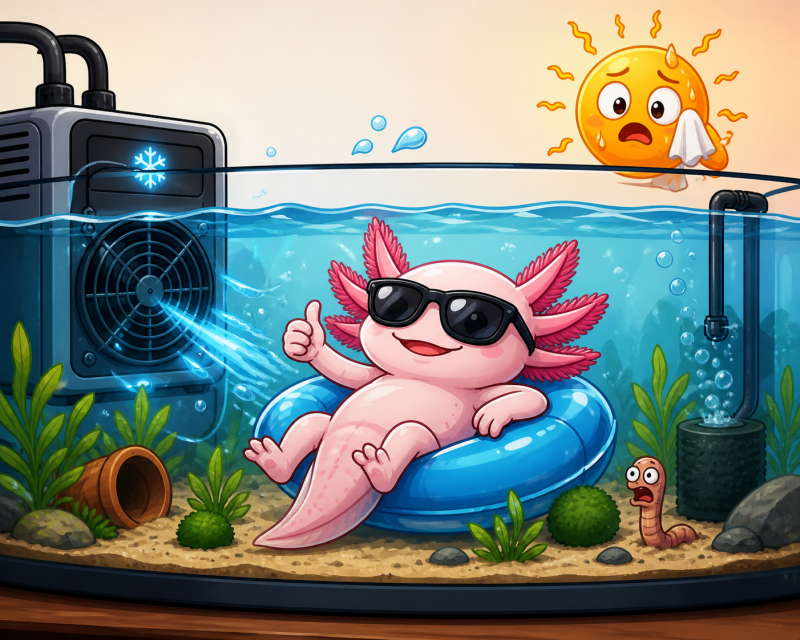 "Wanneer de aquarium koeler precies goed staat... 😎❄️ Deze kleine draak geniet van de perfecte 18 graden! Geen hittestress, alleen maar chill-vibes en maximale regeneratie-power. 🐉✨ #AxolotlLife #StayCool"