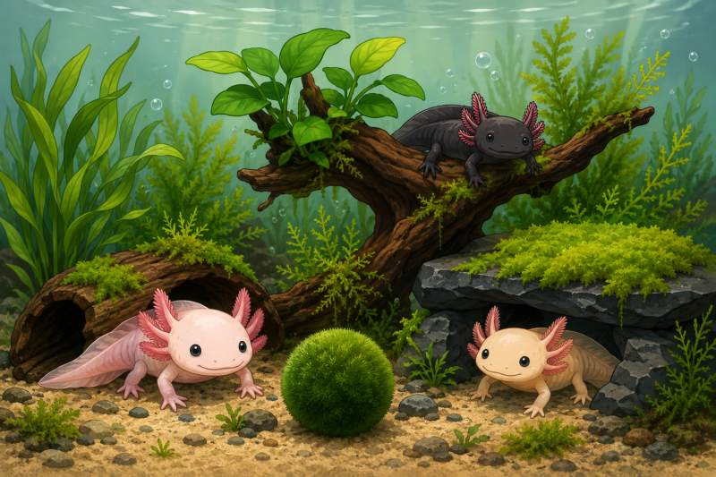 Getekende axolotl die zich verstopt achter een grote Marimo mosbal