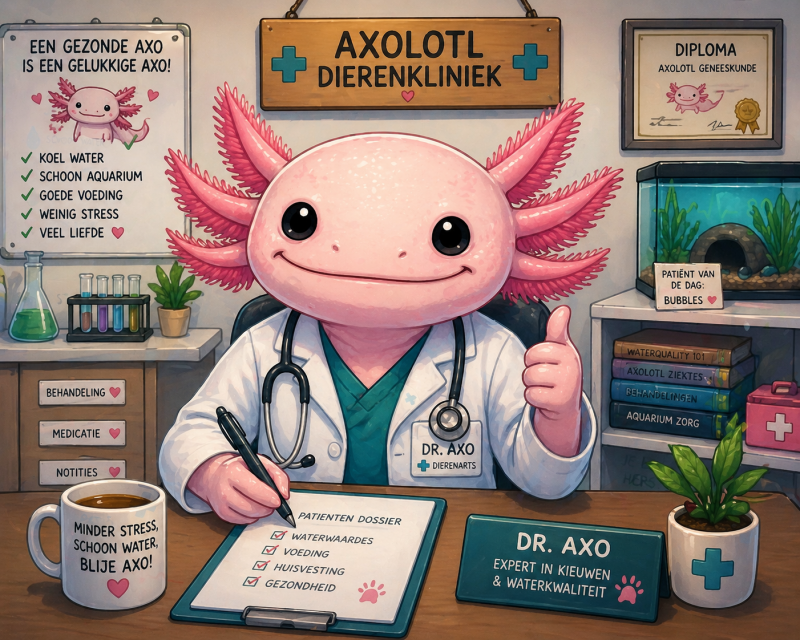 "Een grappige axolotl verkleed als dokter met een witte jas en stethoscoop die medisch advies geeft over aquarium zorg 👨‍⚕️🦎🩺"
