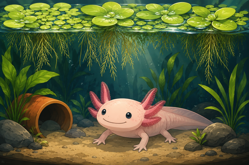 Vrolijke cartoon van een ontspannen roze axolotl die rust onder grote groene drijfplantjes in een helder aquarium, met gefilterd zacht zonlicht en weelderige wortels onder water.