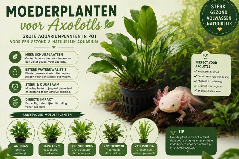  "Infographic over moederplanten voor Axolotls: een vergelijking tussen grote Echinodorus planten en kleine stekjes voor optimale schaduw en filtering."