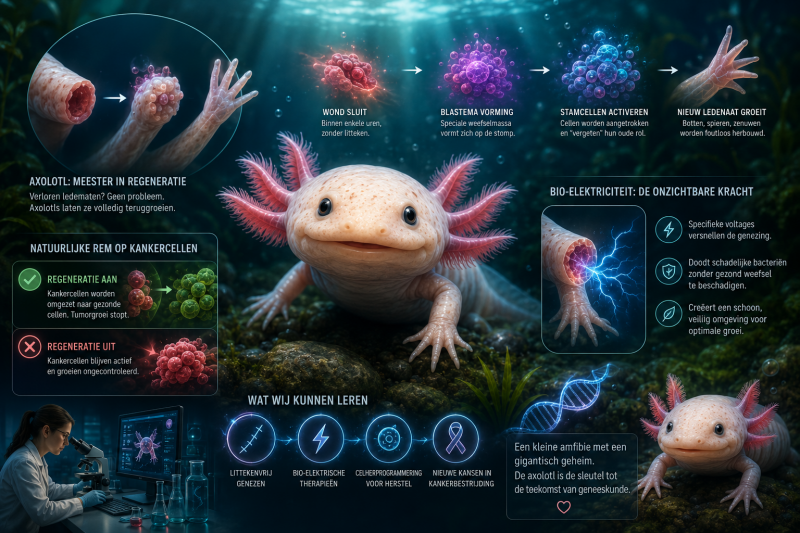 Axolotl met regenererende ledematen, bio-elektrische energie en DNA in een onderwateromgeving, symbool voor wondgenezing, stamcellen en medisch onderzoek.