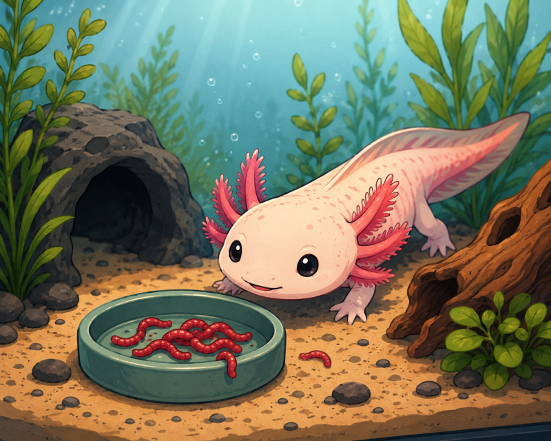 "Schattige cartoon van een blije axolotl die geniet van een gezonde maaltijd uit een schoon voerschaaltje in een prachtig ingericht aquarium 🦎ietz-vrij eten! ✨🍽️"