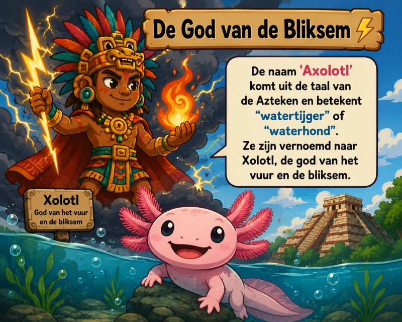 Cartoon van de Azteekse god Xolotl ⚡🔥 naast een vrolijke axolotl 🩷 onder water 🌊.