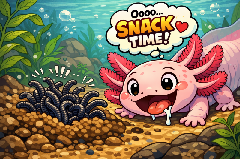 "Cartoon axolotl met een hongerige blik en de tekst 'Oeh, lekker!' terwijl hij denkt aan verse blackworms."