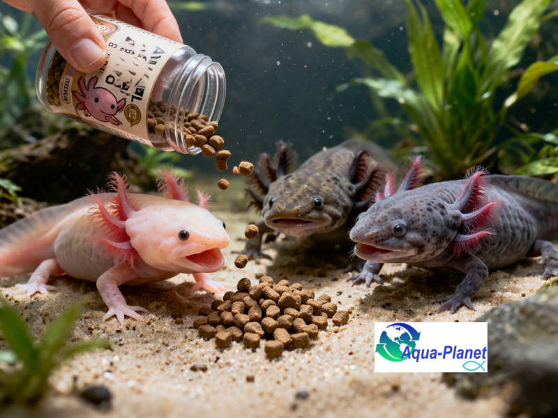 Axolotl krijgt 3mm zinkende pellets gevoerd in een aquarium – hoogwaardig axolotl voer voor gezonde groei.