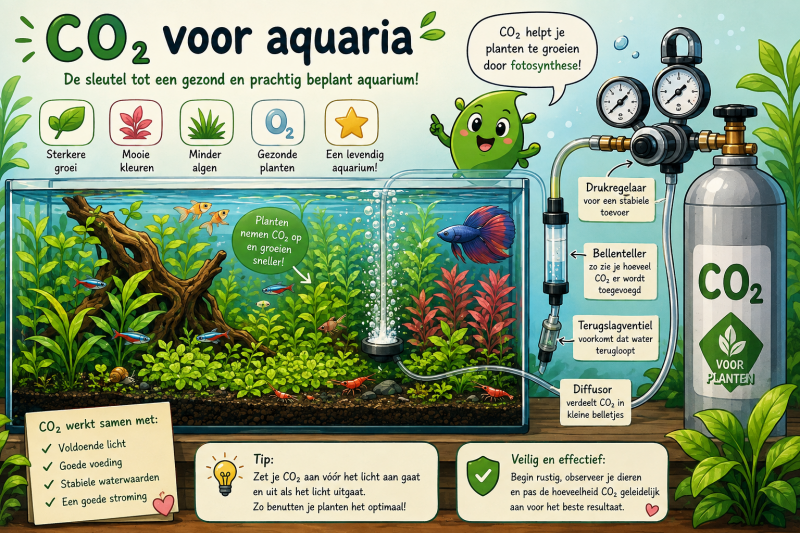 Cartoon infographic over CO2 voor aquaria met een beplant aquarium, aquariumvissen, CO2-fles, drukregelaar, bellenteller en diffuser voor gezonde aquariumplanten.