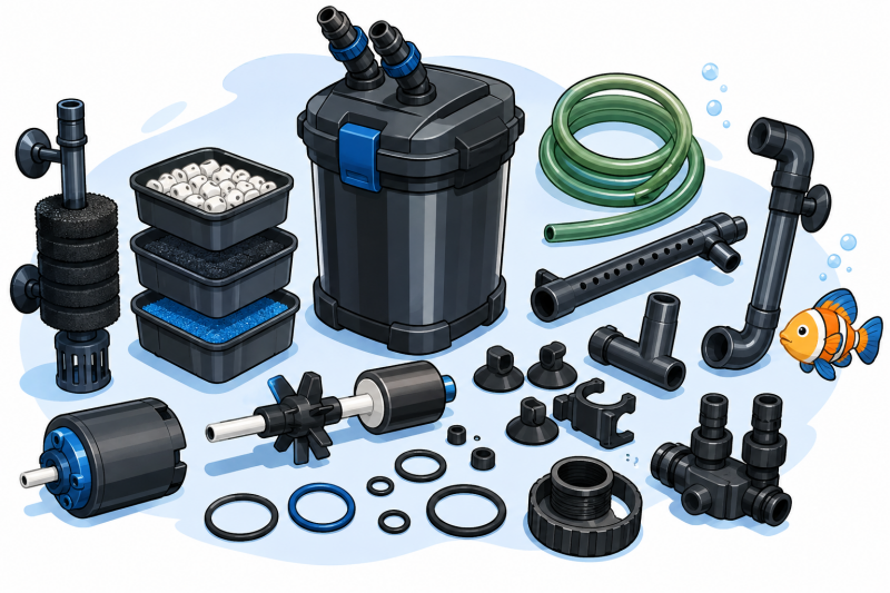 Aquarium filter onderdelen zoals rotor, slangen, O-ringen, filtermanden, sponzen en aansluitingen voor onderhoud en reparatie.