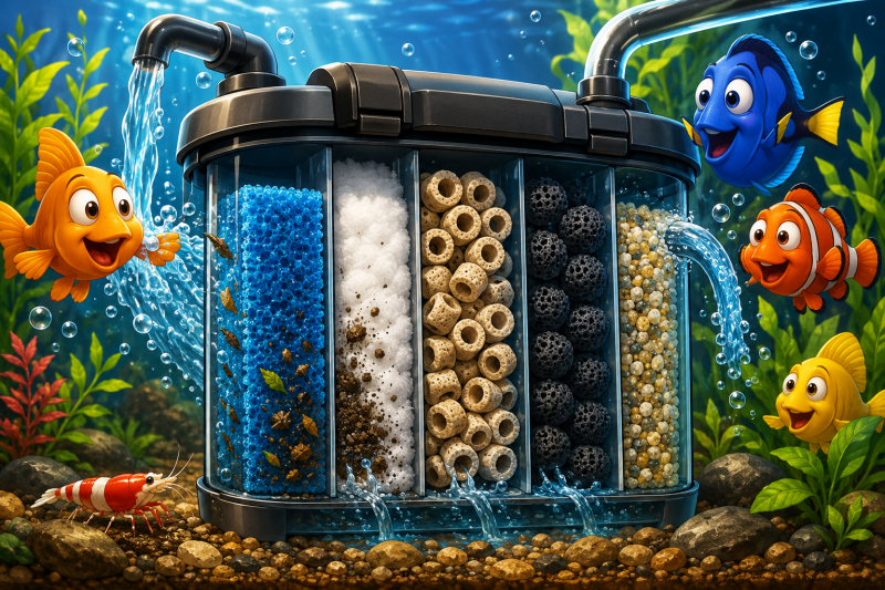 Eye-catching cartoon van een aquariumfilter met verschillende filtermaterialen, waaronder filterspons, filterwatten, keramische filterringen en biologisch filtermateriaal, omringd door kleurrijke aquariumvissen en planten. 🐠💧