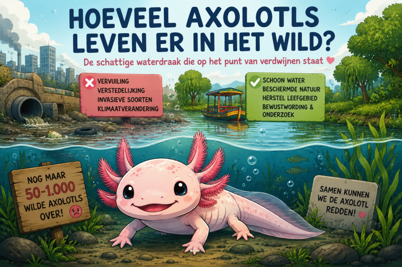 Kleurrijke cartoon van een lachende roze axolotl in de kanalen van Xochimilco Mexico – Hoeveel axolotls leven er nog in het wild?