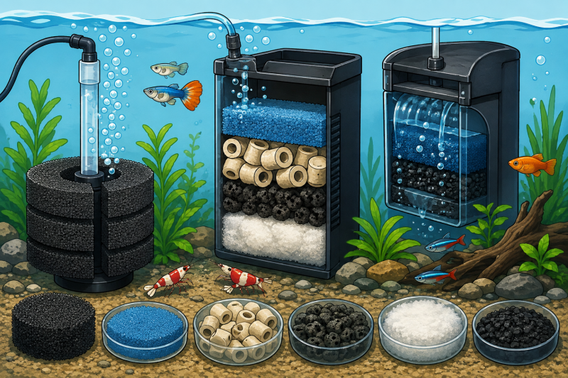 Luchtfiltermaterialen voor aquaria met filterspons, keramische filtermedia, filterwatten en biologische filtering.