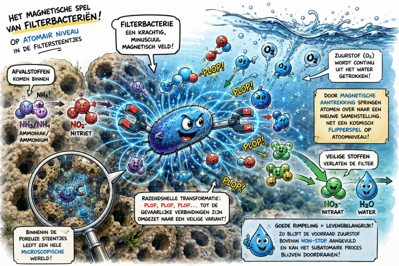 Aquarium filter bacteria, biological filtration and filter media – cartoon illustration showing ammonia and nitrite being converted into nitrate with the help of oxygen inside porous aquarium filter material. 🦠💧🐠