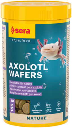 Verpakking van Sera Axolotl Wafers, zinkende voederchips voor axolotls, verkrijgbaar in een 100ml of 250ml pot.