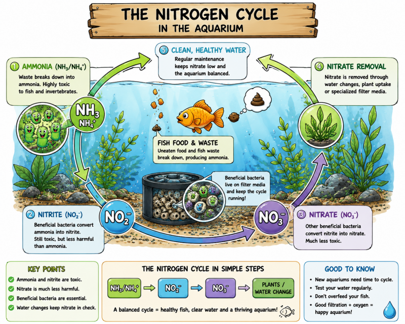Stikstofcyclus aquarium, nuttige bacteriën en biologische filtratie – cartoon illustratie die laat zien hoe visafval en ammoniak via bacteriën worden omgezet in nitriet en nitraat, waarna planten en waterwissels helpen het aquariumwater gezond en stabiel 