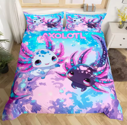 "Luxe axolotl beddengoed met kawaii illustraties en kleurrijke kieuwen op een zacht opgemaakt bed."