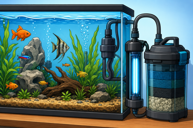 UVC-filter voor aquarium met UV-C lamp, extern aquariumfilter, helder water, aquariumplanten en tropische vissen.