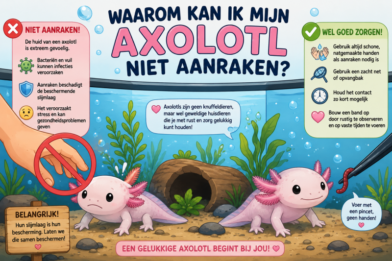 Educatieve cartoon van een schattige roze axolotl in een aquarium met uitleg over de kwetsbare slijmlaag en gevoelige huid 🧪. Tekst in de afbeelding legt uit waarom aanraken stress veroorzaakt bij amfibieën 🚫💧.