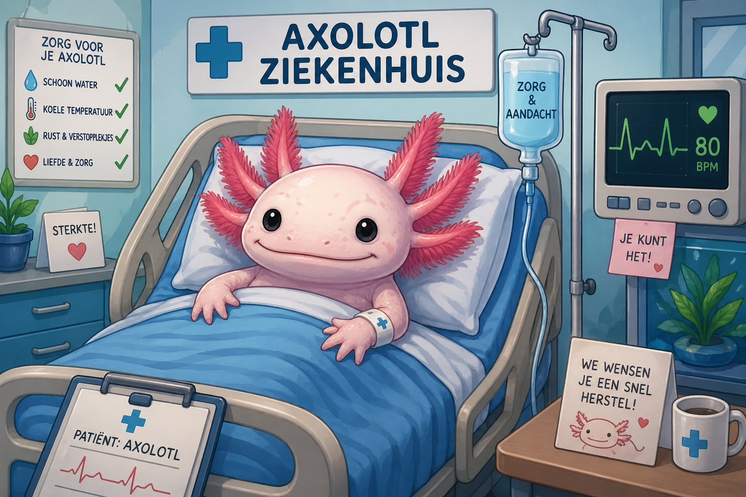 "Axolotl patiënt krijgt zorg in het aquarium-ziekenhuis 🏥 veilige behandeling van een zieke waterdraak 🦎✨"
