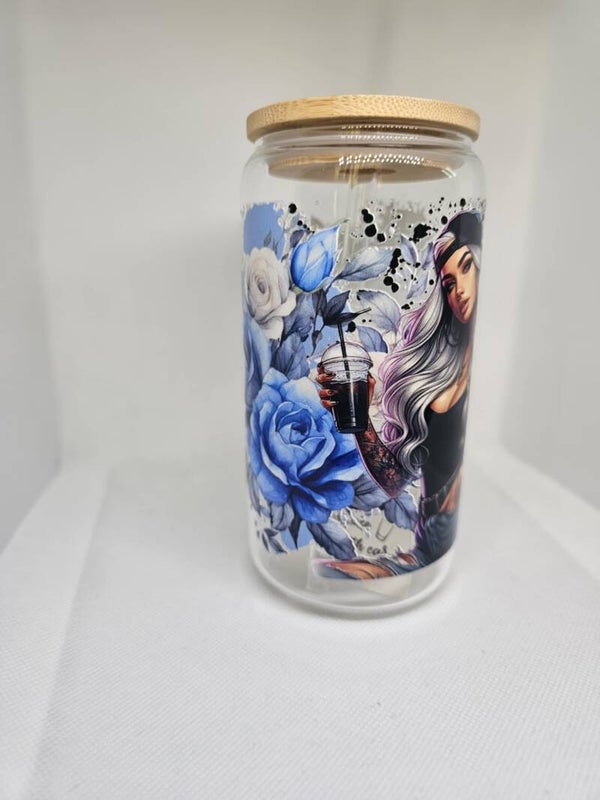 16oz Glass Tumbler – Woman with Attitude & Blue Floral Design