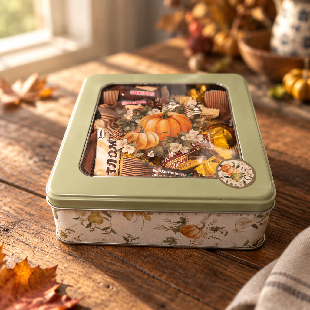Waffeln in dekorativer Dose mit Herbstmotiv und Sichtfenster