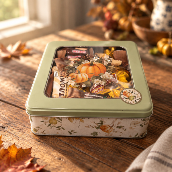 Waffeln in dekorativer Dose mit Herbstmotiv und Sichtfenster
