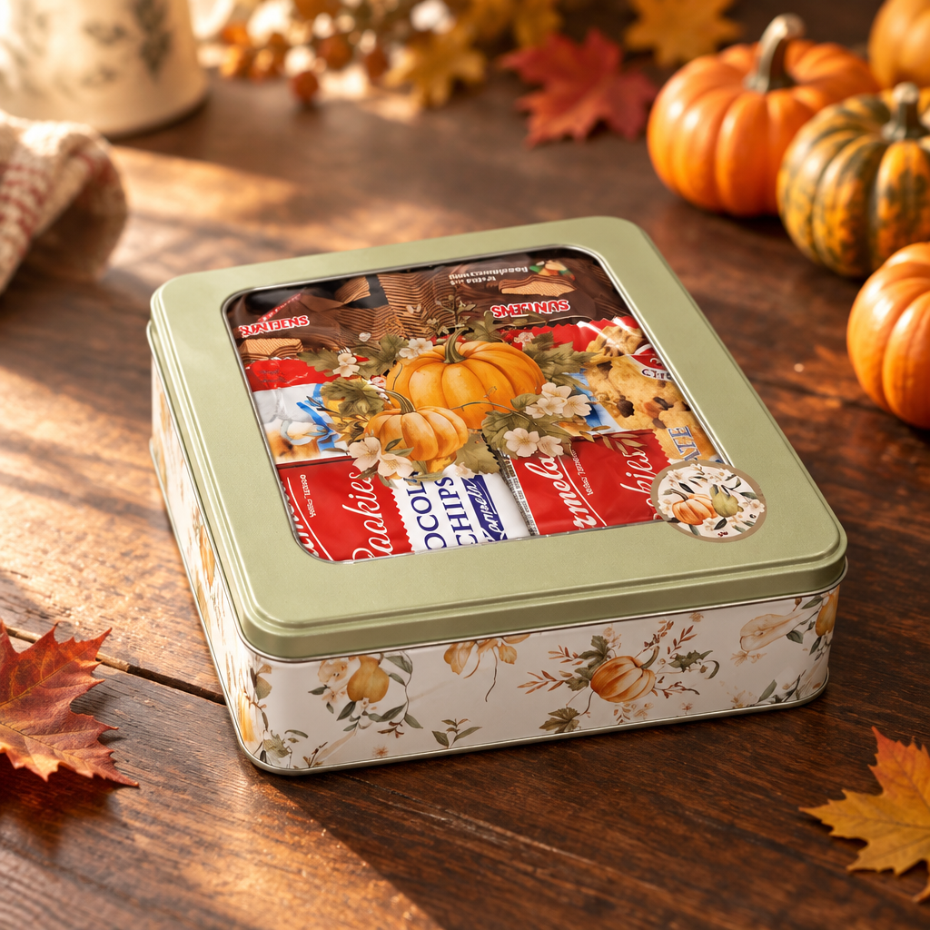 Waffeln & Cookies in dekorativer Dose mit Herbstmotiv und Sichtfenster