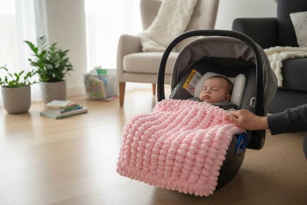 Couverture Cosy Bébé en Laine Pompon – Fait Main 🩷