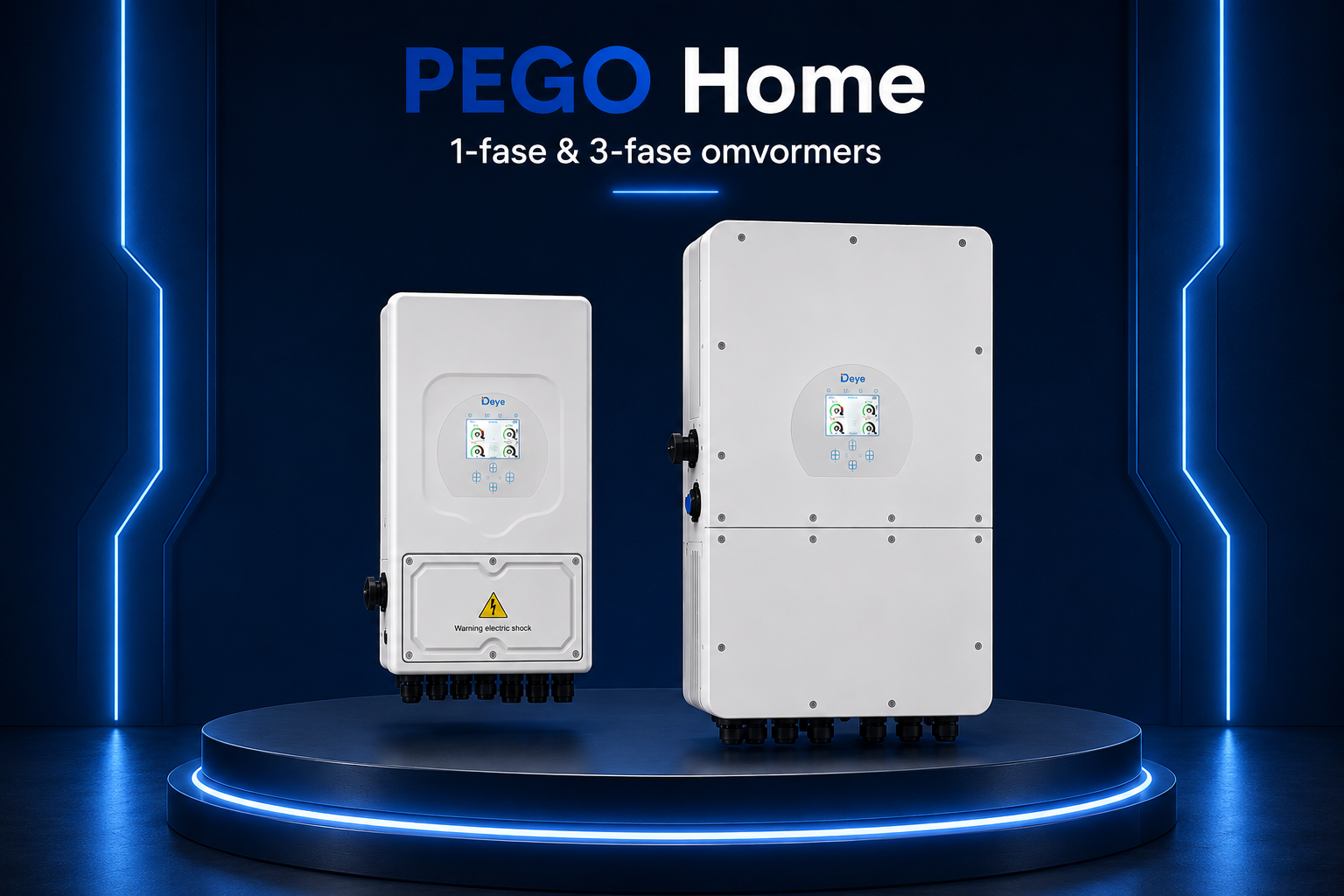 PEGO + Deye met 1-fase en 3-fase hybride omvormers op showroompodium