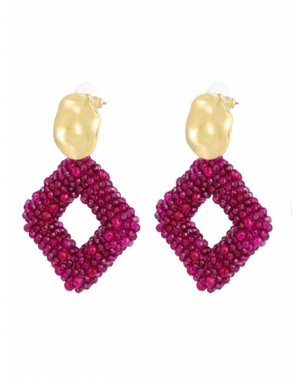 oorbel glaskralen ruit - Fuchsia