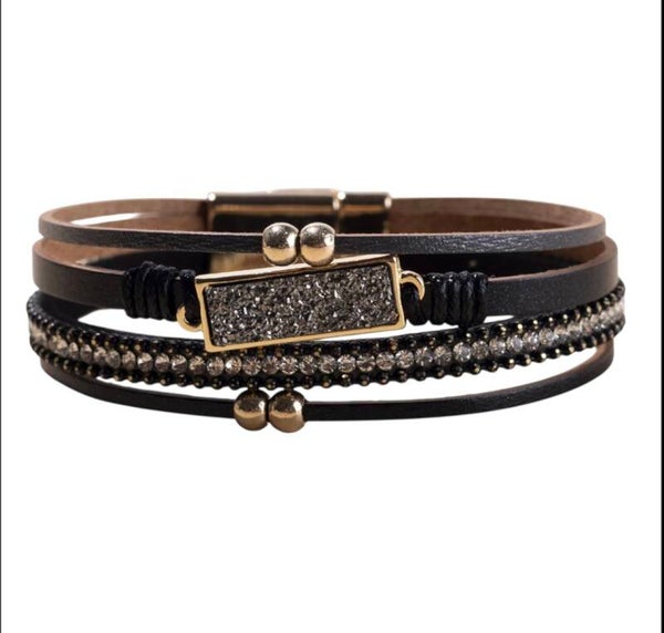 Lederen armband zwart met kraaltjes