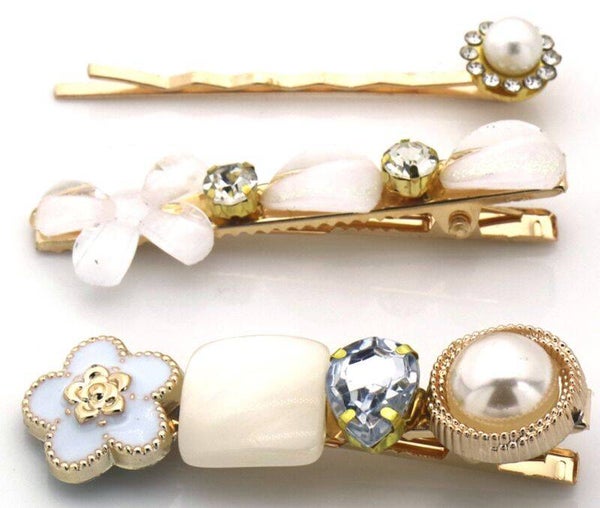 Stijlvolle Haarclip Set (3-delig) – Goudkleurig met Parels, Bloem & Strass