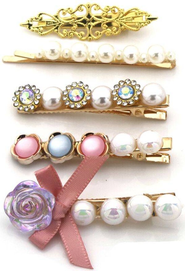 Luxe 5-delige Haarclip Set – Goud met Parels, Bloemen & Kristallen